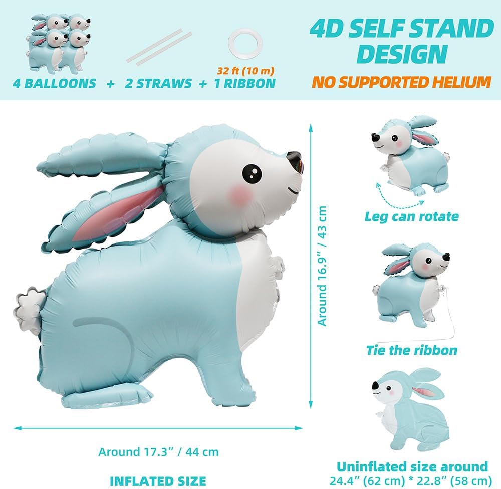 4D Standing Bunny Balloon Home Livestock Party Supplies Cute Farm Animal Supplies Baptism Easter Decoration, 4 Pack Self Stand Bunny Balloons Walk Rabbit Balloons For Birthday Happy Easter Photo Prop image 2
