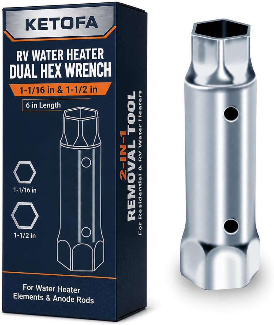 RV Water Heater Element Wrench, 1-1/16 x 1-1/2 x 6 in Dual Hex Removal Tool