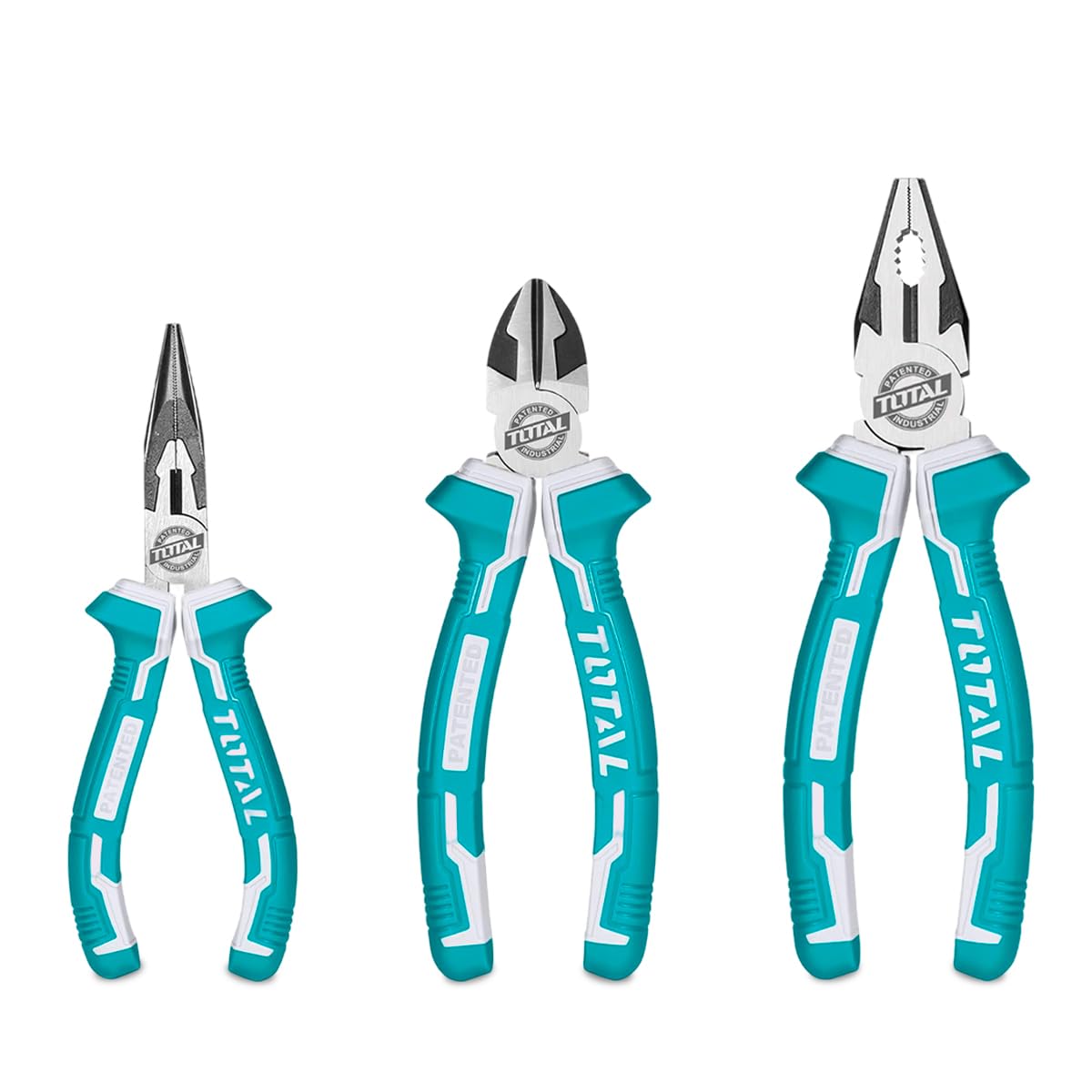 TOTAL - Juego de 3 Alicates - Universal 180 mm - Corte Diagonal 160 mm - Boca Plana 160 mm - Mango Ergonómico de Fibra - Acero - Ideal para Bricolaje y Electricistas - Peso 650 Gr