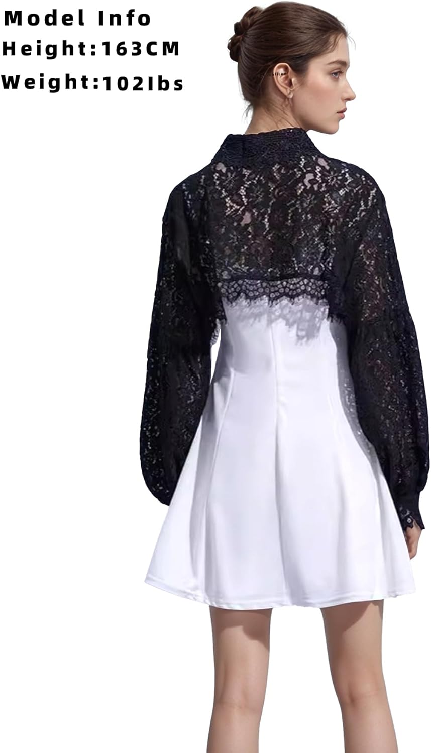 Fake Collar Shirt Long Sleeves Lace Shrug Victorian Blouse Crop Top Dickey Collar for Women - Image 4