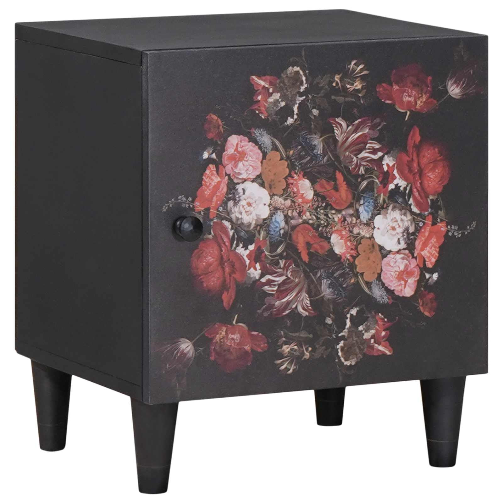 vidaXL Bedside Cabinet with Door Black 40 x 33 x 46 cm, Elegant Nightstand, Floral Bedside Table, Compact Cabinet, Storage, Solid Wood for Small Bedrooms