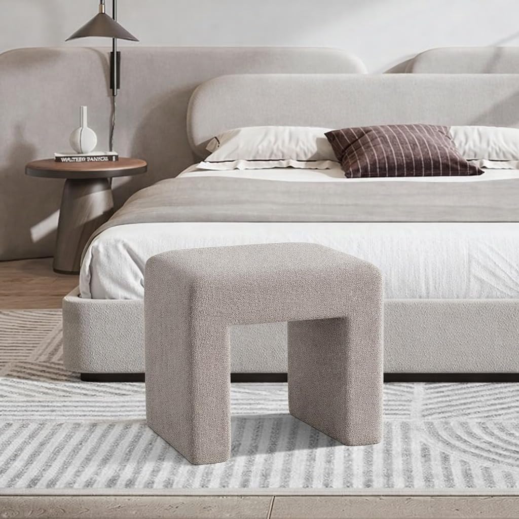 Kundi Modern Boucle Vanity Stool Chair with Wooden Legs – Soft Ottoman Footstool for Makeup Room, Living Room, Entryway & Office (White) (Taupe)