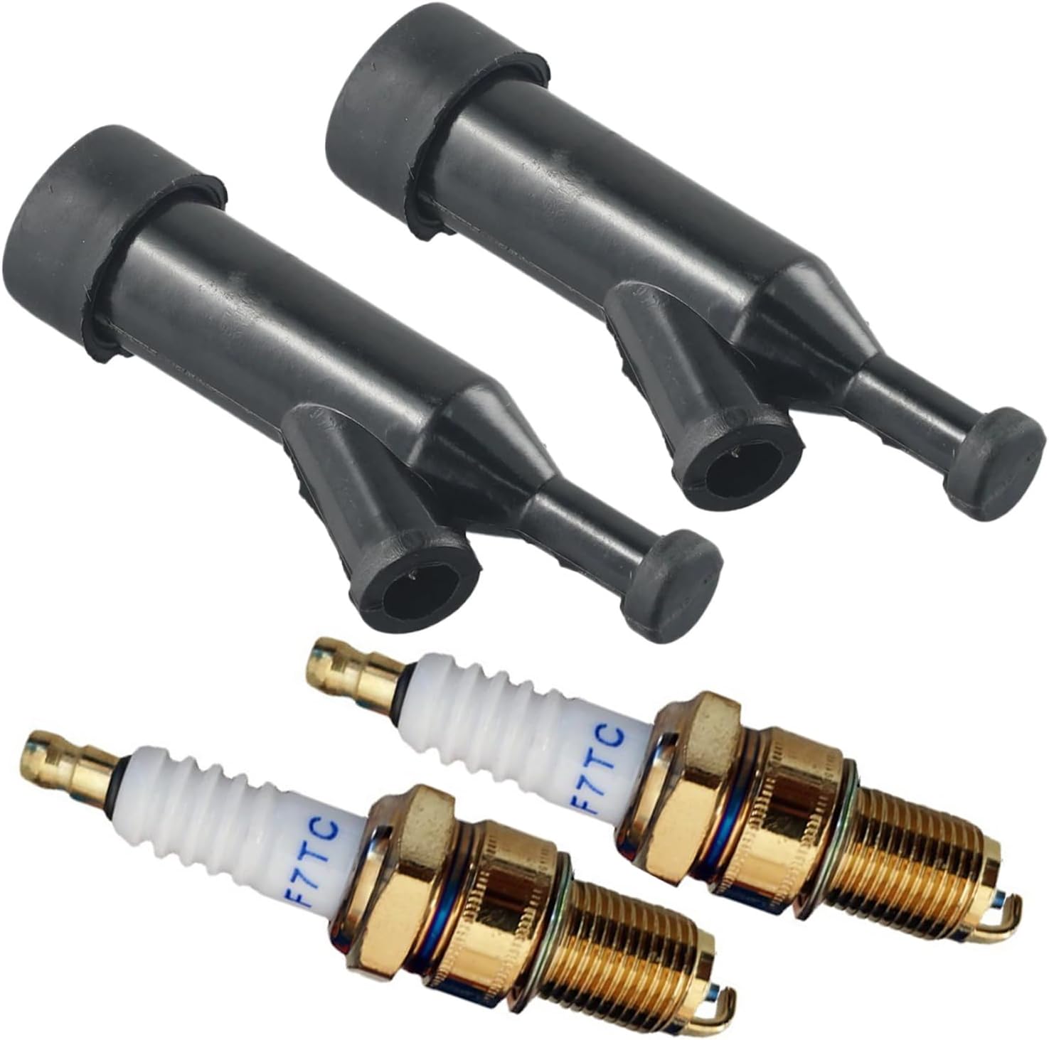 4 Pack Spark Plugs F7TC with Spark Plug Boot Cap for Honda Engine Generator Champion Coleman Predator Walk Behind String Mower String Trimmer ATV GX120 GX160 GX200 GX240 GX270 GX340 GX390