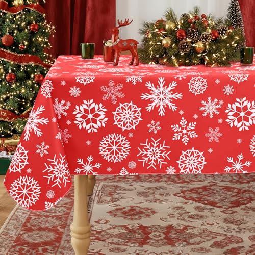 misaya Rectangle Waterproof Vinyl Table Cloth, Wipeable Tablecloth with Flannel Backing, Plastic Table Cover for Dinner, Christmas Party (Red Snowflake, 60" x 84")