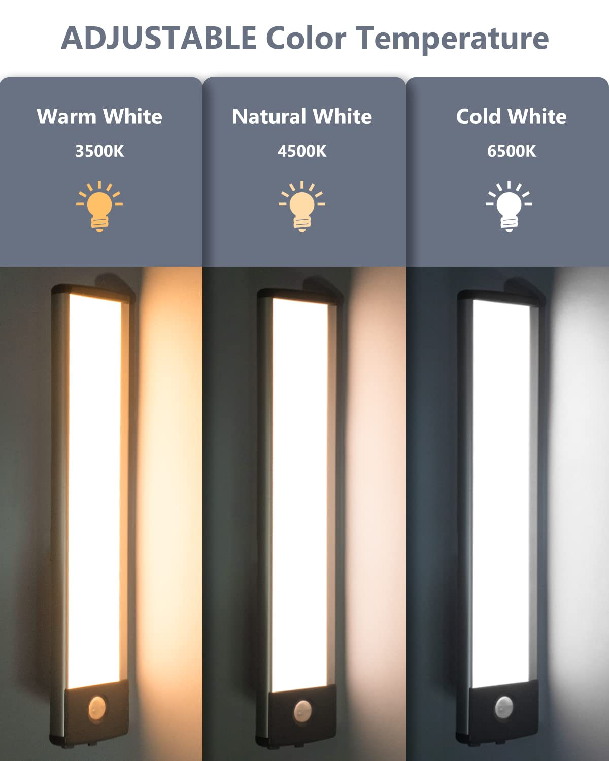 3 Color Temperatures Under Cabinet Light, 35 LED Wireless Rechargeable Battery Operated Motion Sensor Lights, Dimmable Wireless Night Lights for Under Counter, Closet, Hallway, Stairs, Wardrobe