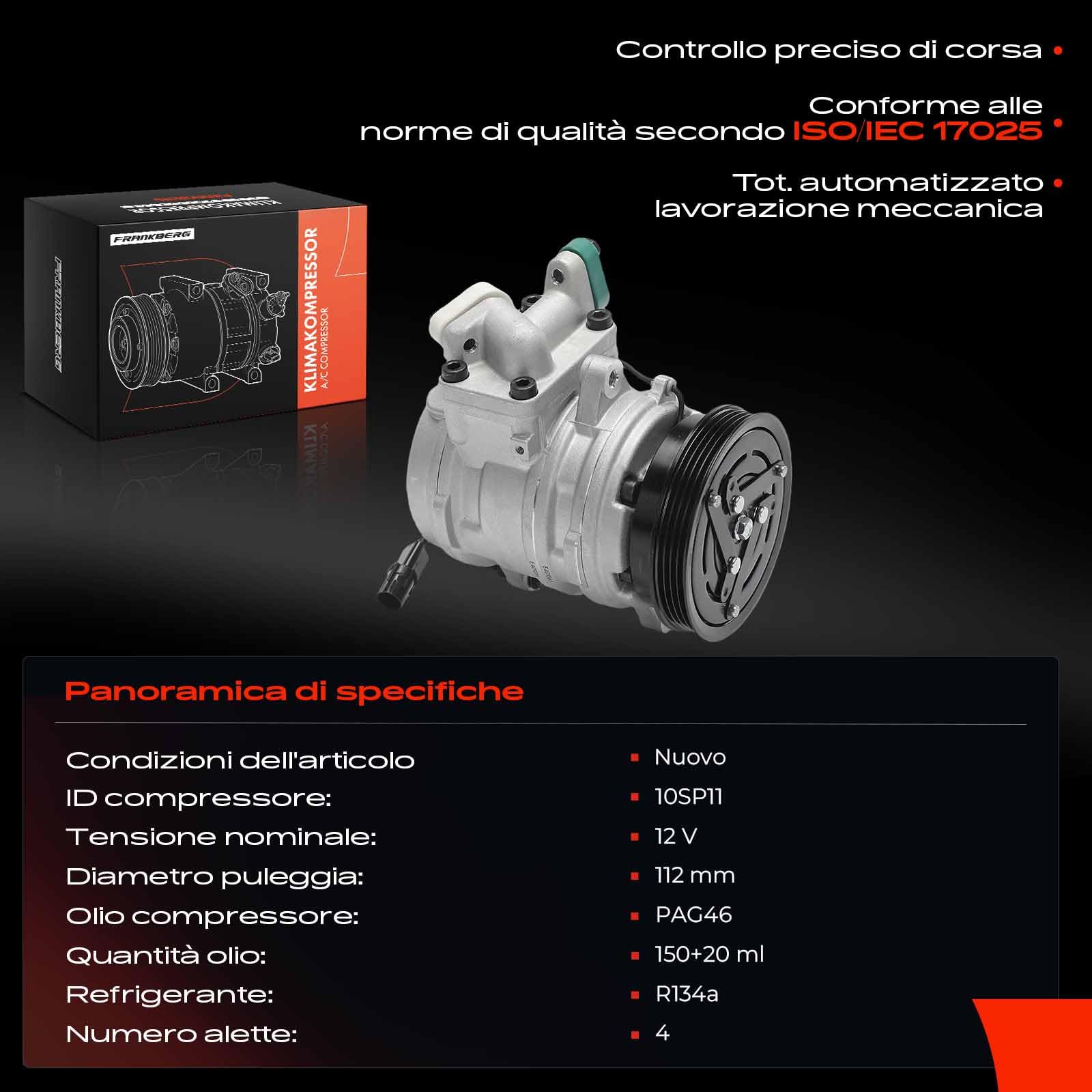 Frankberg Compressore aria condizionata con frizione Benzina Compatibile con i10 PA Picanto SA Replace# 8FK351340141, compreso l'olio preconfezionato