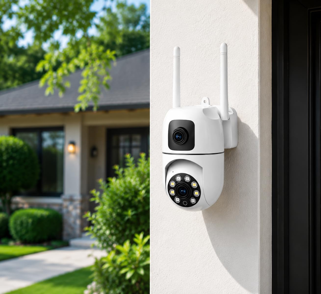 Dual Lens Security Camera Outdoor, 2.4/5GHz WiFi Cameras for Home Security, PTZ Survaillance Camera with Motion Detection and Siren, 2-Way Audio, Color Night Vision, 7/24 Recording, Works w/Alexa