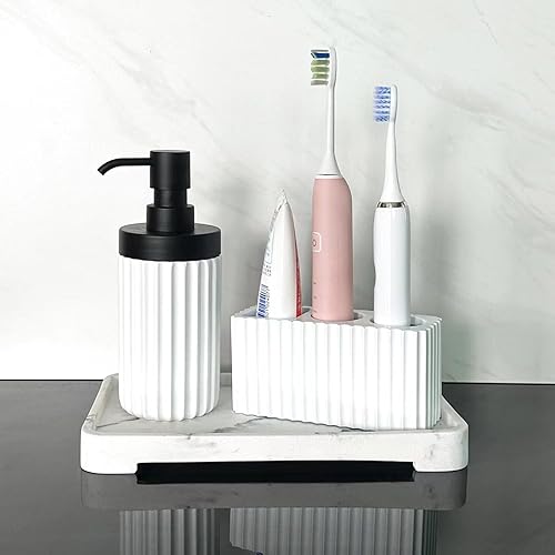 Miniatura 7 de Juego de 2 accesorios de baño con dispensador de jabón acanalado de gran apertura y 3 compartimentos para cepillos de dientes y pasta de dientes,