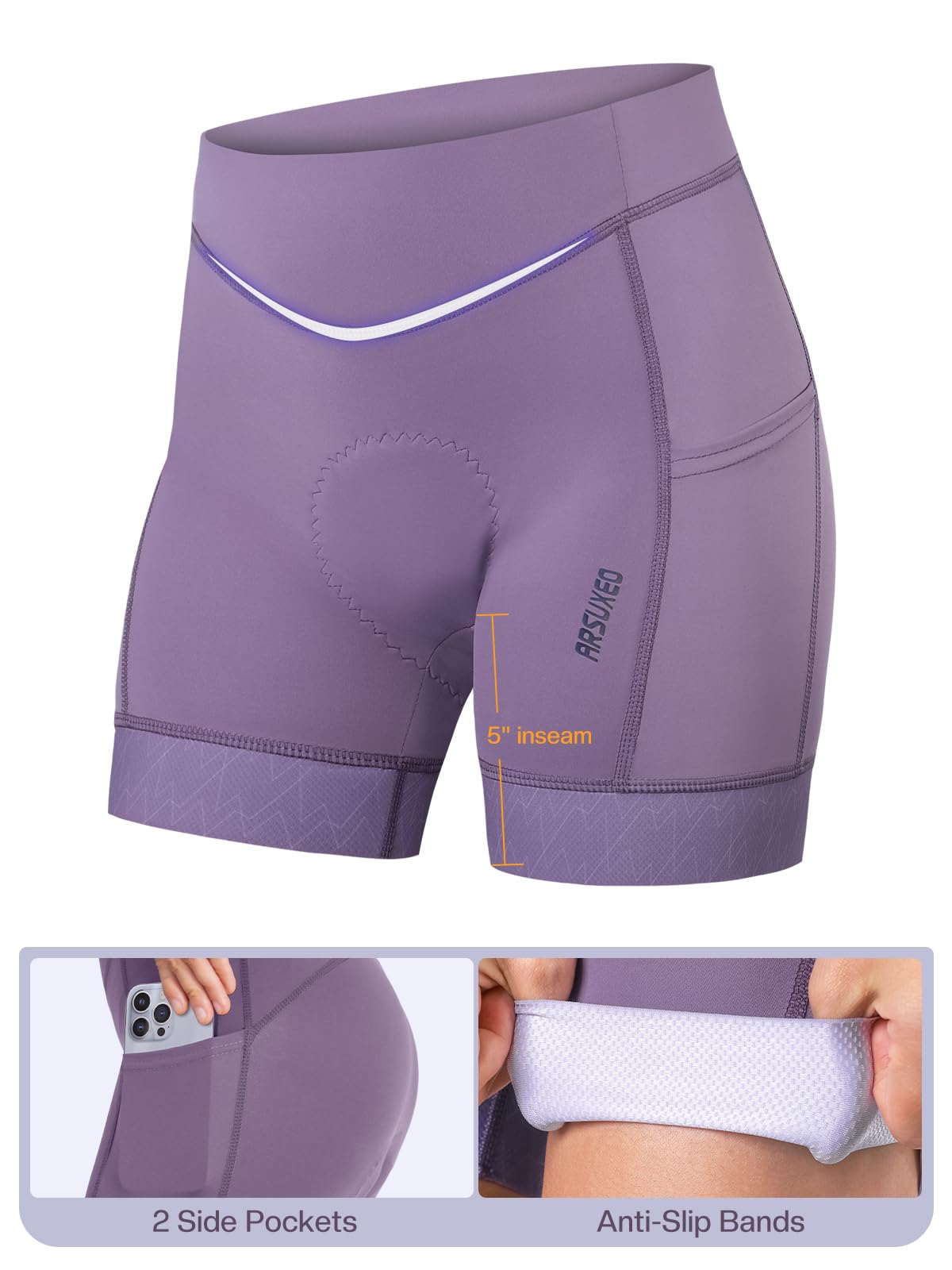 ARSUXEO Culotte Ciclismo Mujer Culotte Acolchado Mujer MTB Mallas Morado Accesorios Bicicleta con Bolsillos 579