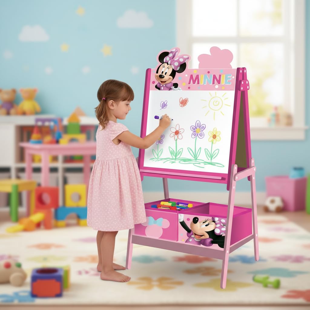 ARDITEX - Pizarra infantil de Disney Minnie Mouse con doble superficie para uso de tiza y rotulador y 2 contenedores textiles para almacenaje - 54x45x117cm - Contenedores de 24x30x15cm - Color rosa