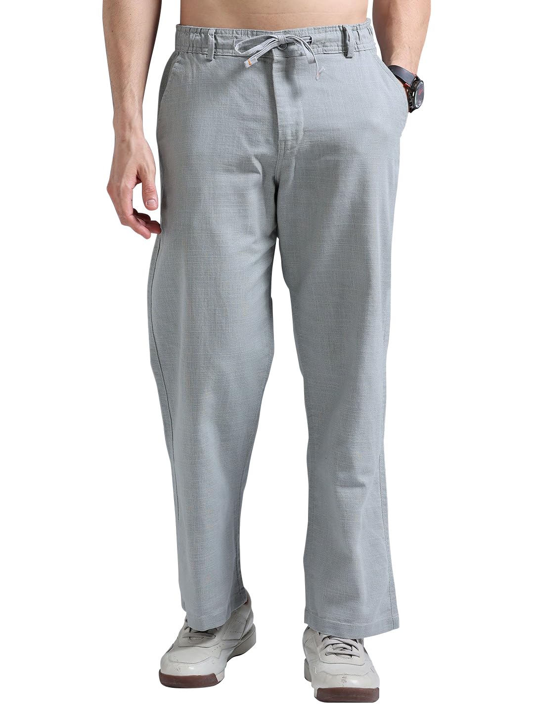shasmi Men's White Cotton Linen Relaxed Fit Trouser | Summer Casual Drawstring Pants for Men | Lightweight Comfortable Beach & Daily Pant (Pant 289)-picture-24