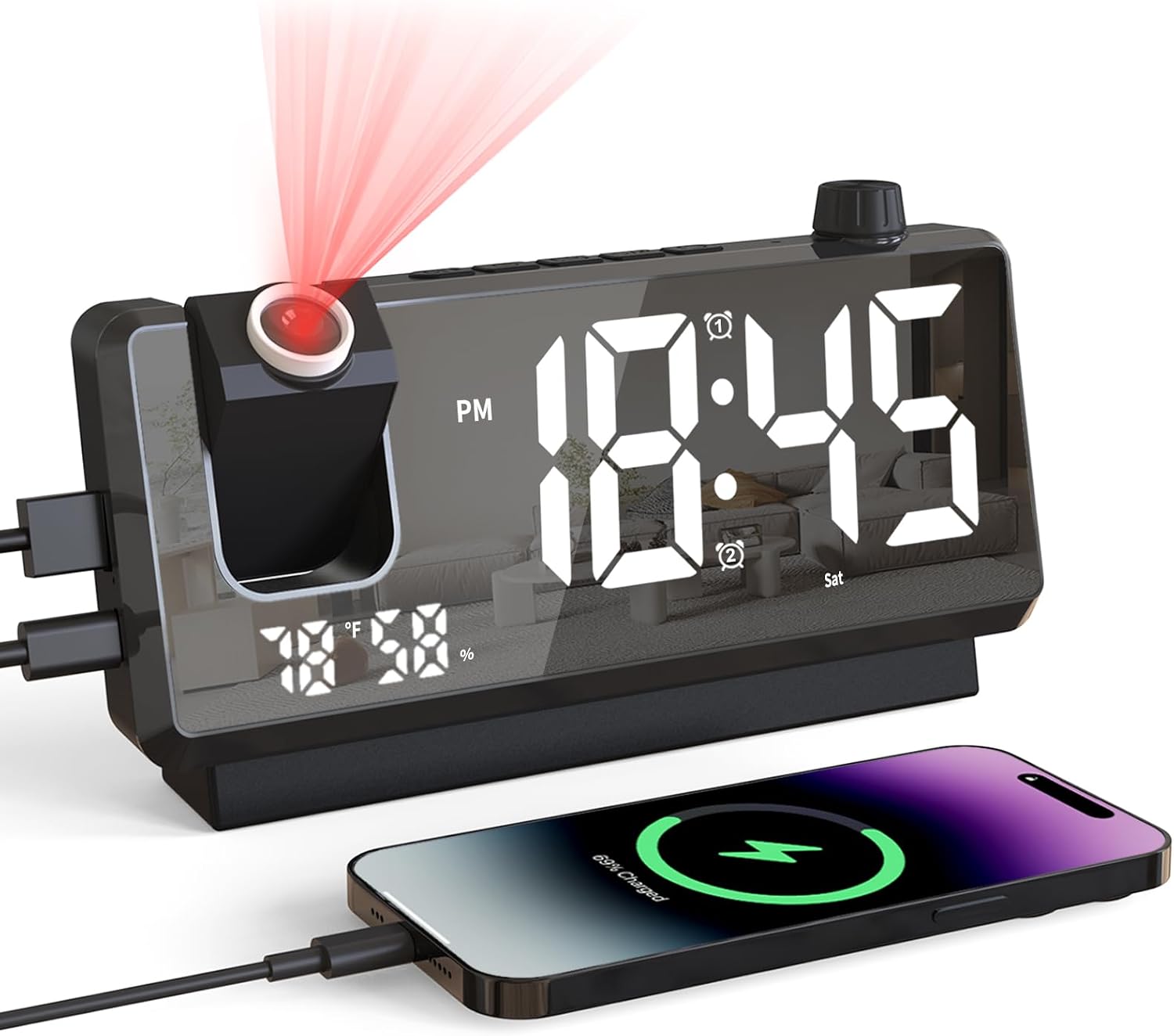 Projection Alarm Clock for Bedroom, 7" Mirror Face Display Digital Clock with 180° Projector on Ceiling, 3-Level Dimmer, USB Charger Ports, Dual Alarm for Heavy Sleepers, Ideal Gifts for Kids Elderly
