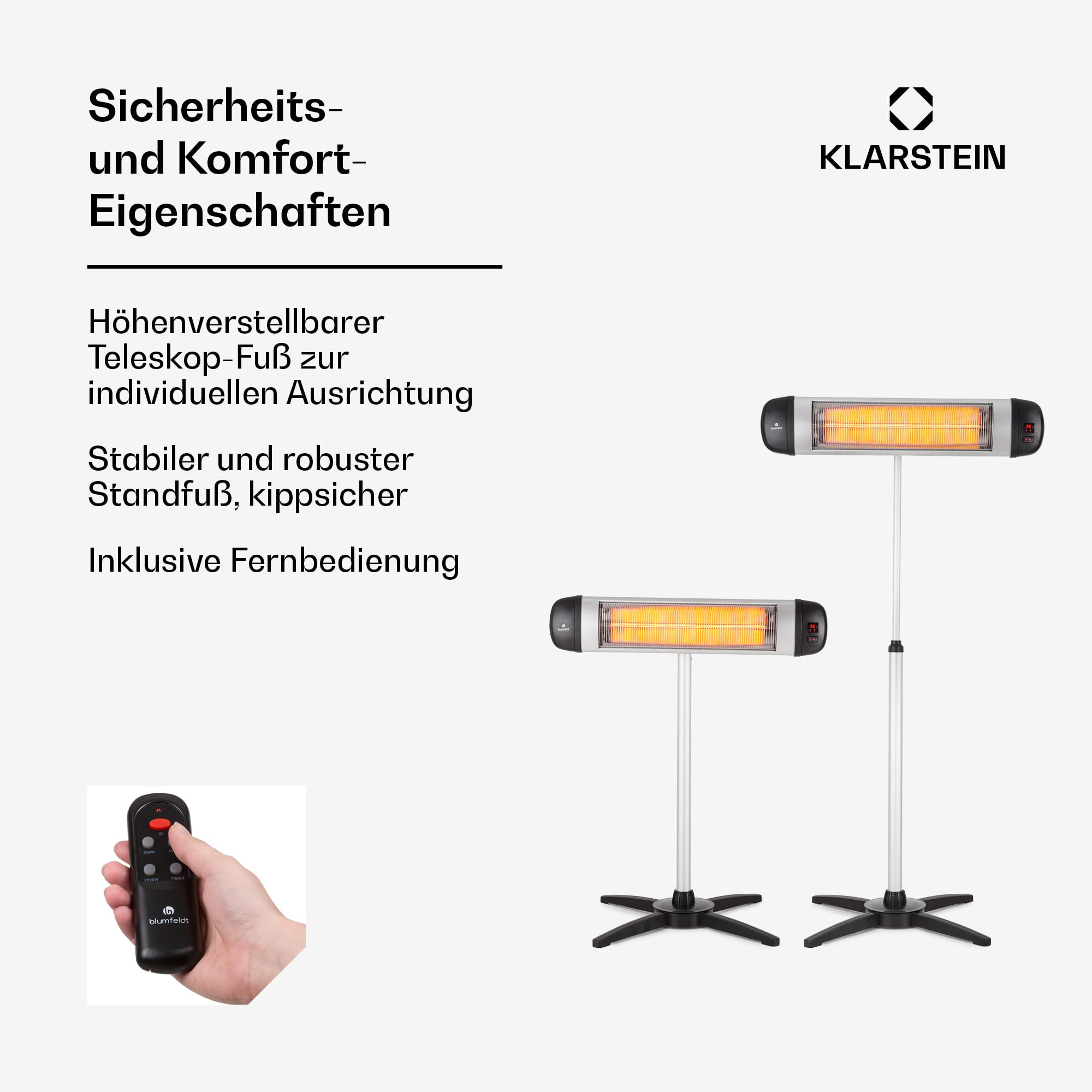 Blumfeldt Heizstrahler, Mobiler Infrarot-Heizstrahler Standgerät, für die Terrasse und Wintergarten, CO2-Freier Wärmestrahler Elektrisch, IP34 Infrarotstrahler, 2500 Watt