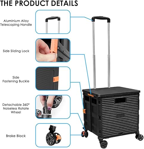 Miniatura 2 de SELORSS Carrito plegable portátil plegable con ruedas, cesta de mano rodante, carrito para profesores con tapa, resistente al desgaste, rueda