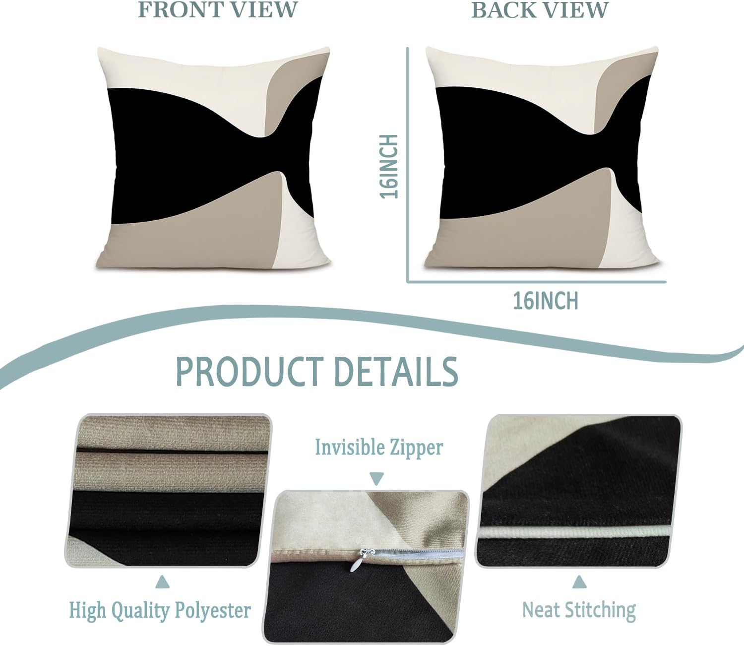 Black Beige Cream Pillow Covers, Black Beige Cream Decorative Throw Pillow Covers Cushion Covers for Couch Sofa Bed Living Room Bedroom 16x16 Inches Set of 4
