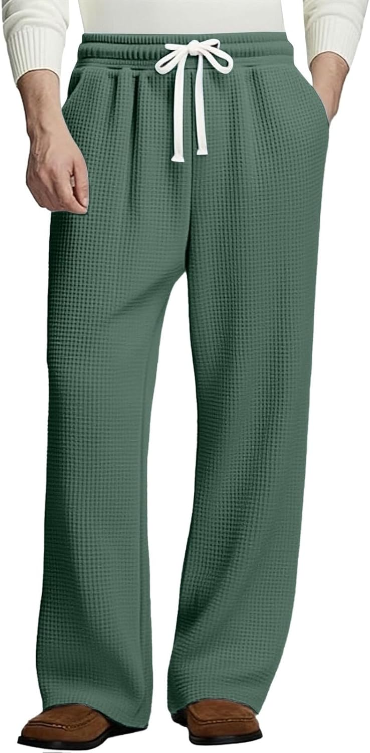 Waffle Pants Men Textured Drawstring Waist Solid Wide Leg Trousers Loose Fit Lightweight Breathable Hiking Sweatpants