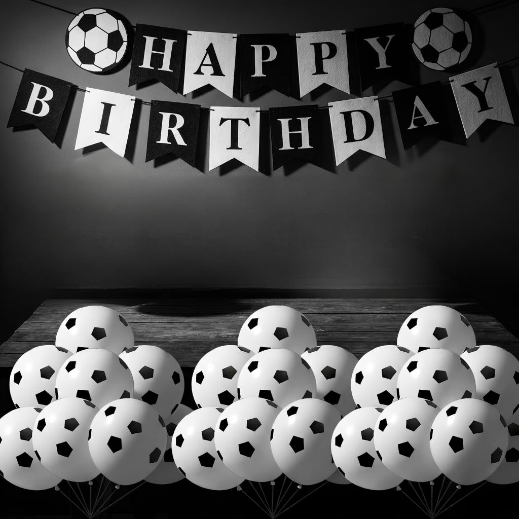 Football Balloons and Banner Set - 24pcs Thick Latex Balloons + 1.5m Reusable "Happy Birthday" Banner - Black White Soccer Party Decorations for Adults