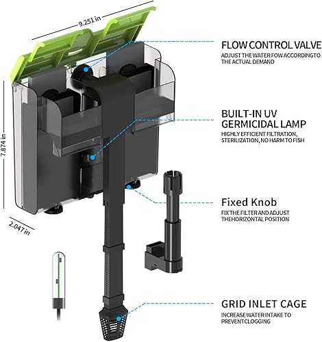 Miniatura 7 de Filtro de acuario 4 en 1 doble cascada U-V para agua verde y limpieza de algas, filtro silencioso de 8 W para colgar en el filtro de flujo ajustable