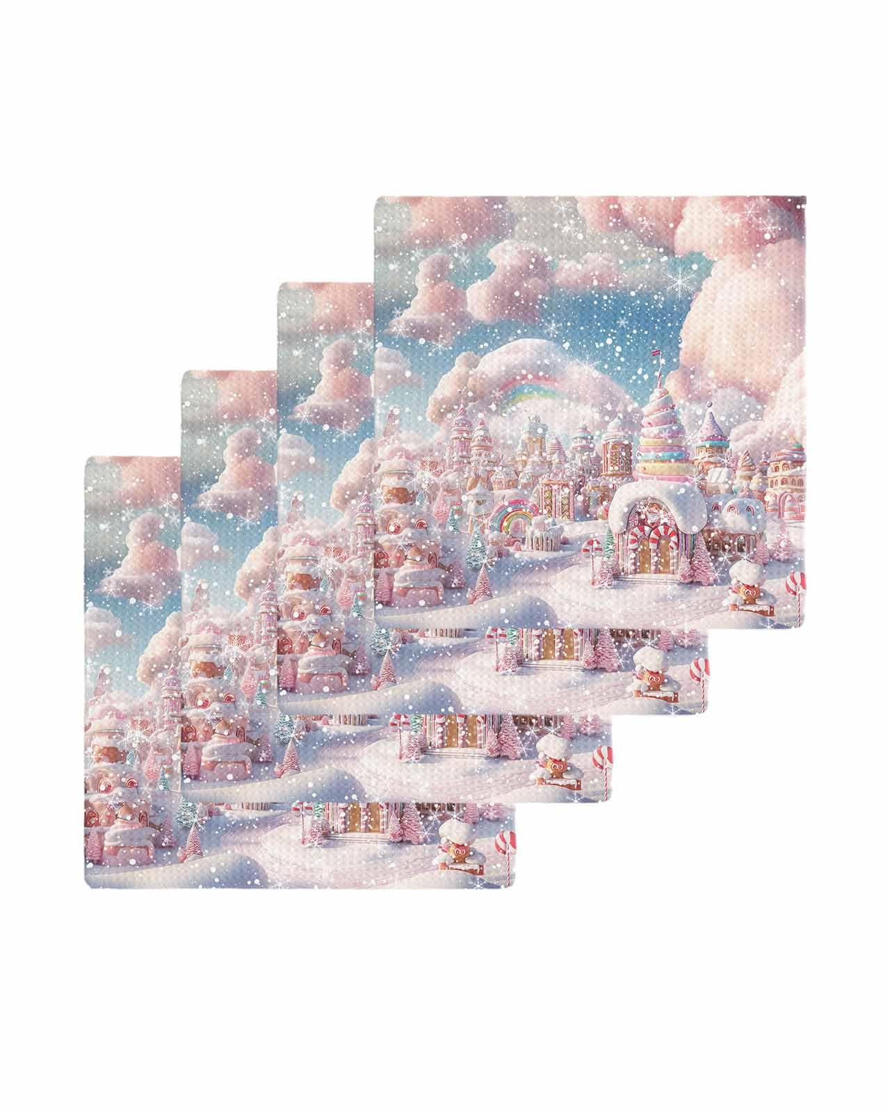 Hokiten Pink Christmas Waffle Kitchen Towels Dishcloths, Blue Sky Xmas Tree Snowflake Absorbent Dish Towels | Hand Towels for Bathroom/Bar, 12 x 12 Inch, 4 Pcs