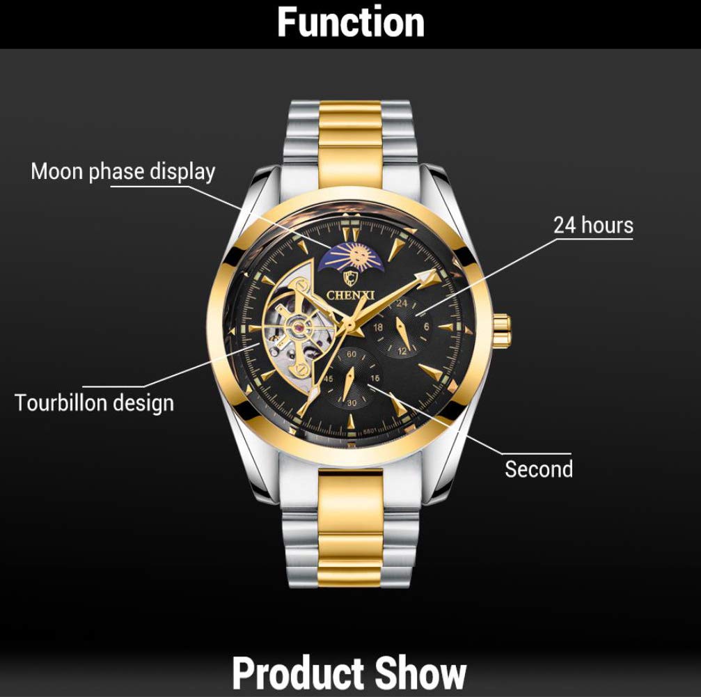 MASTOP Herren-Armbanduhr, automatisch, mechanisch, Edelstahl, Tourbillon, Mondphase, wasserdicht, klassisch, analog