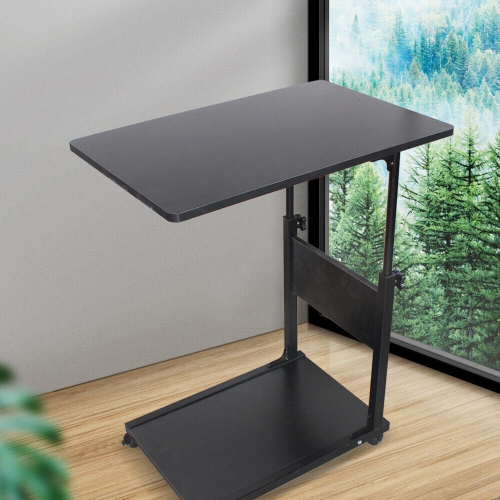 Tavolino da divano, da letto, in metallo e legno con ruote, 50 x 35 x 80 cm regolabile in altezza (55-80 cm) (nero)