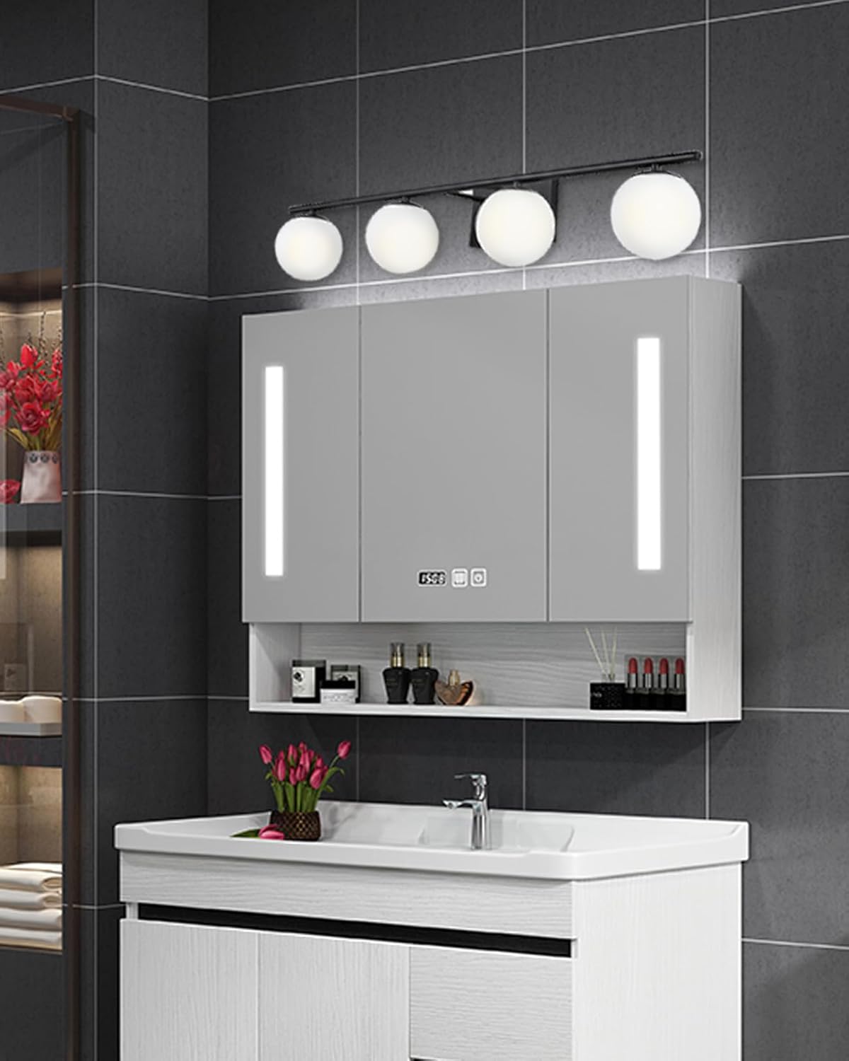 New Bathroom Vanity Light Fixtures Matte Black Milk White Globe Glass Shade 4 Lights Modern Wall Bar Sconce Over Mirror(4 lights-35.43inch)