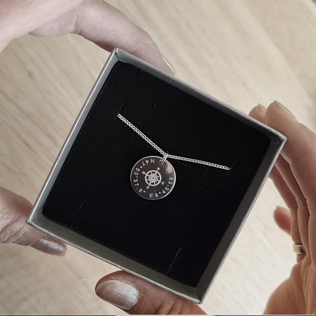 Kompass Anhänger Kette mit Koordinaten Gravur, 925 Silber | personalisierbar mit Wunschtext, Geschenk für Frauen und Männer