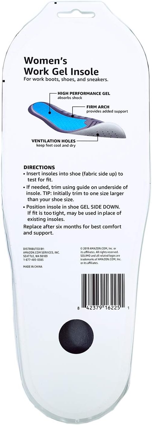  Brand - Solimo Work Gel Insoles, Women's Size 6-10 (1 Pair): Health & Personal Care