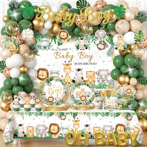 Safari Baby Shower Decorations,387pcs Jungle Baby Shower Decorations Sweet Boy Baby shower Theme Plates and Napkins Cups Tablecloth Backdrop Topper Balloons for Boy Wild Birthday Decorations