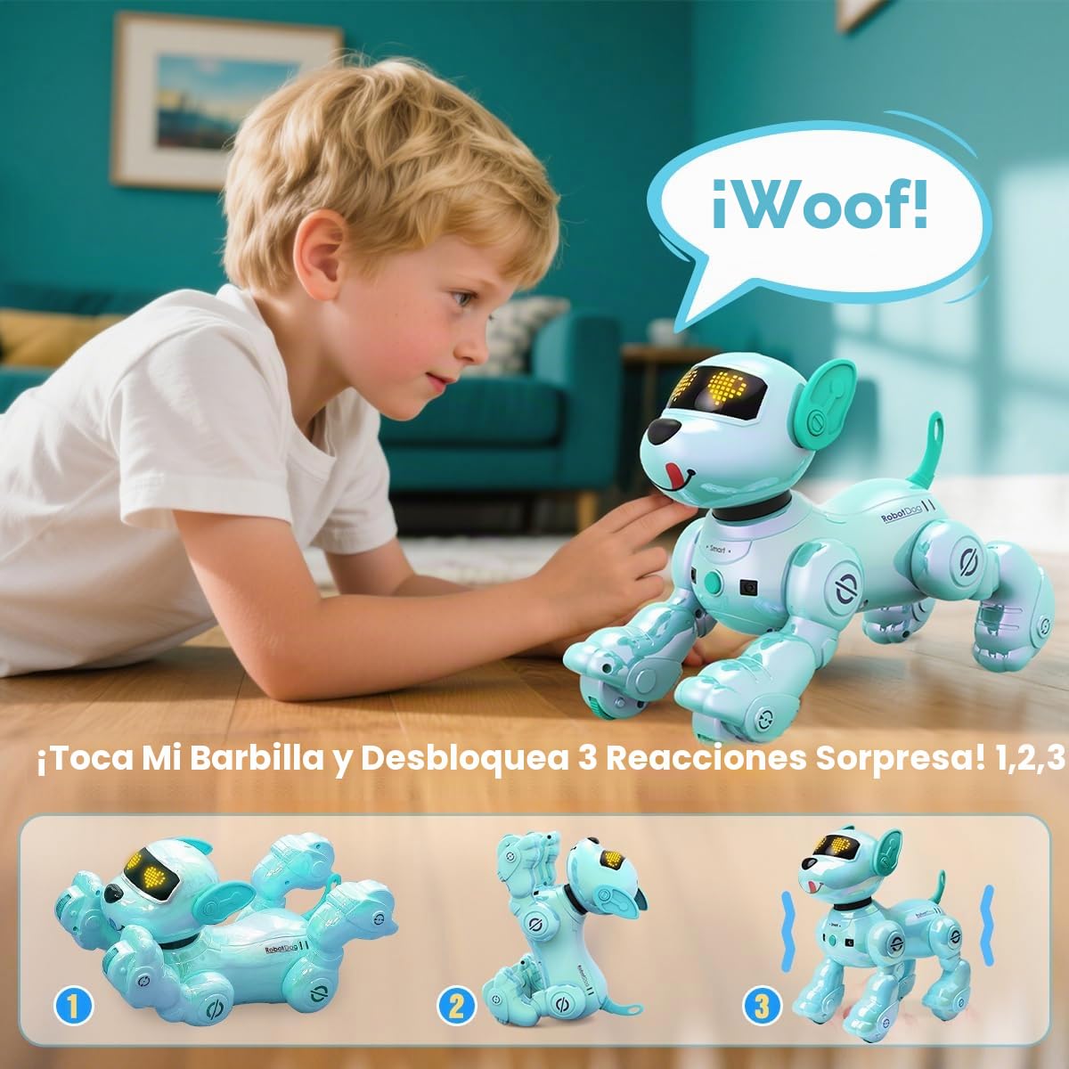 VATOS Perro Robot Recargable para Niños, Perro Robot con Control Remoto, Programable,17 Funciones Interactivas y Volumen Ajustable; Juguete de Cachorro Robot Que Canta y Baila, Regalo para Niños,Azul