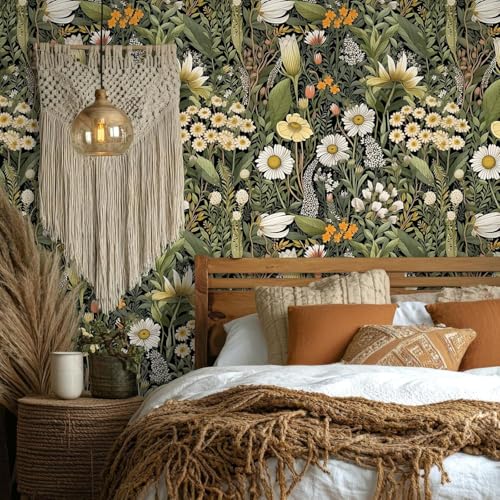 Image of Peel and Stick Vintage Flowers Leaves Design Wallpaper | Waterproof Removable Wallpaper | Self Adhesive Wallpaper for Bedroom Living Room Home & Kitchen |16.5X87Inch