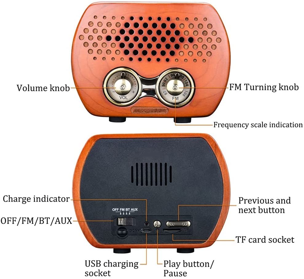 Radio Retro Draagbare FM MP3 Radio Luidspreker met Bluetooth Hout Hifi Geluid TF Card Slot Oplaadbare Ouderwetse Klassieke Auto Audio(Color:Cherry Wooden) - Image 5
