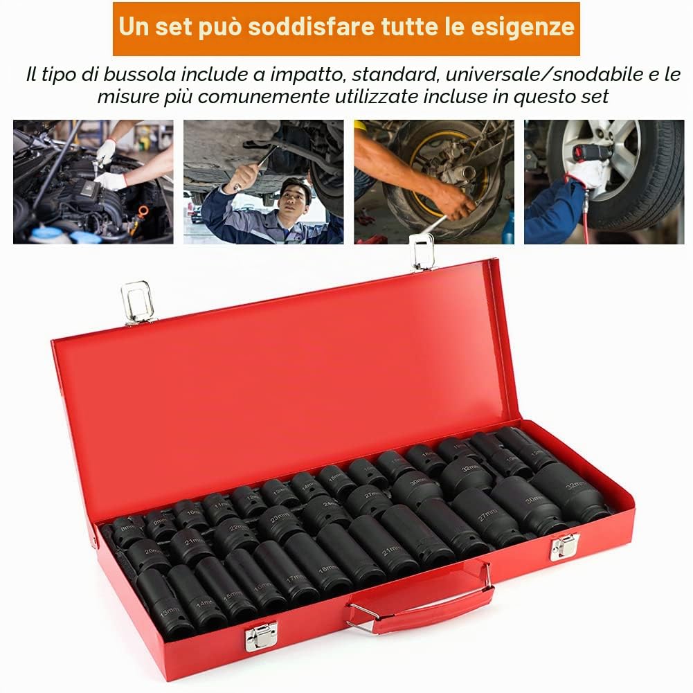 35Pcs Set di manicotti a bussola per bit esagonale con impatto profondo metrico per cricchetto 1/2 pollice con punta a 6 punte