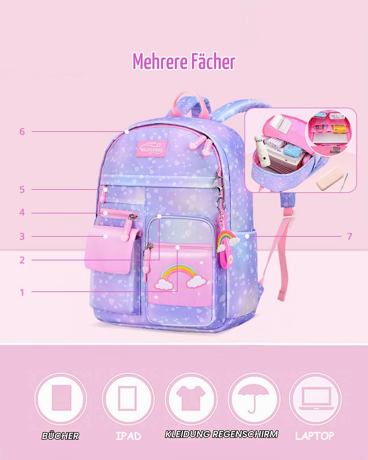 Amythe Kinderrucksack Mädchen,Rucksack Kindergarten,Schulranzen Mädchen 1-3. klasse, Leichte und Wasserdichte Nylon Schultasche für Kinder, 30 x 12 x 41 cm