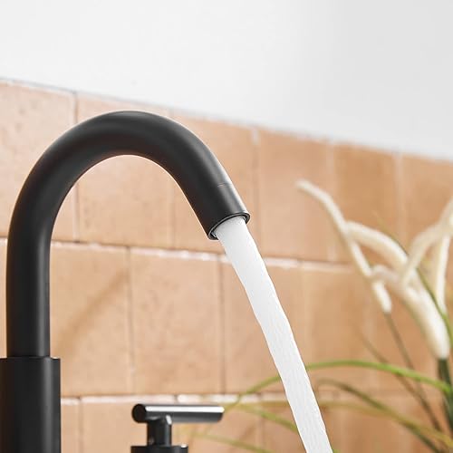 Miniatura 8 de BWE Grifo de baño de arco alto de 3 agujeros, color negro mate, grifo de lavabo de dos manijas, boquilla giratoria de 360 grados con drenaje