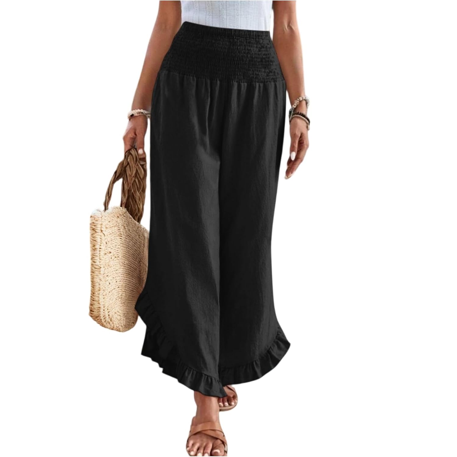 Palazzo Pants for Women Casual Linen Wide Leg Stretch Smocked High Waisted Ruffle Hem Slacks Summer Beach Pant