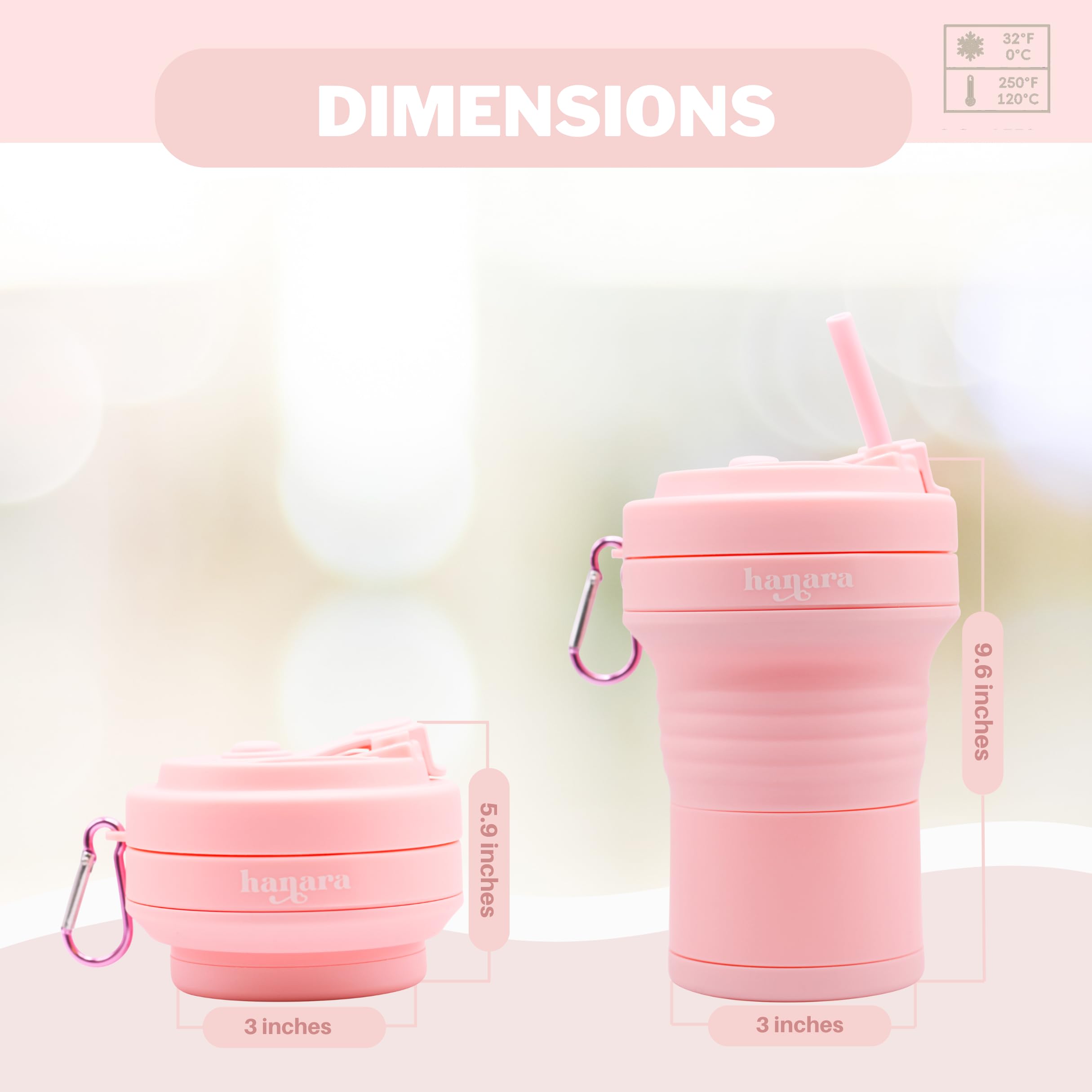 Hanara Tazas de café plegables con popote de silicona reutilizable, 550 ml, perfectas para viajes, camping, escuela, trabajo, sin BPA, a prueba de fugas, aptas para microondas y lavavajillas (rosa)
