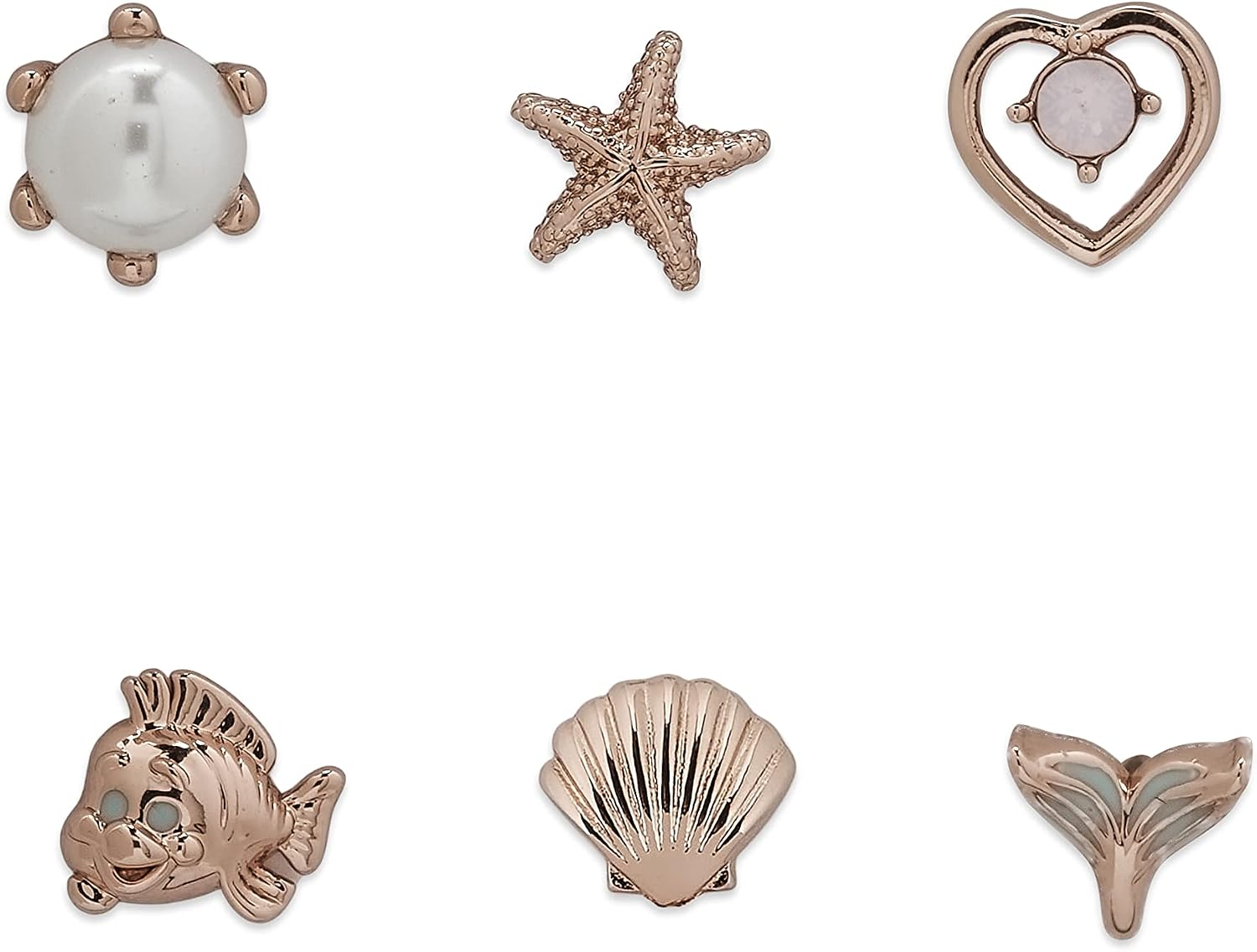 Pura Vida Rose Gold-Plated Disney Little Mermaid Stud Earring Pack - Assorted Designs, Sterling Silver Posts - 6 Studs
