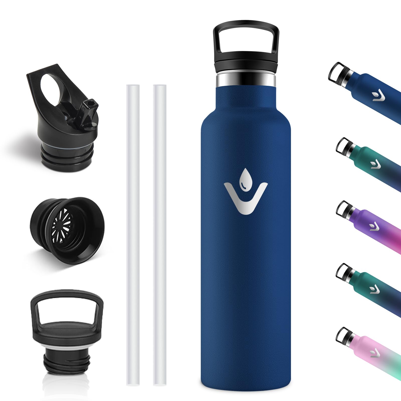 Vikastar Stainless Steel Drinking Bottle, Thermos Flask, 750 ml, BPA-Free Drinking Bottle, Thermos Bottle with Straw, Drinking Bottle for School, Sports, Bike, Camping, Dark Blue