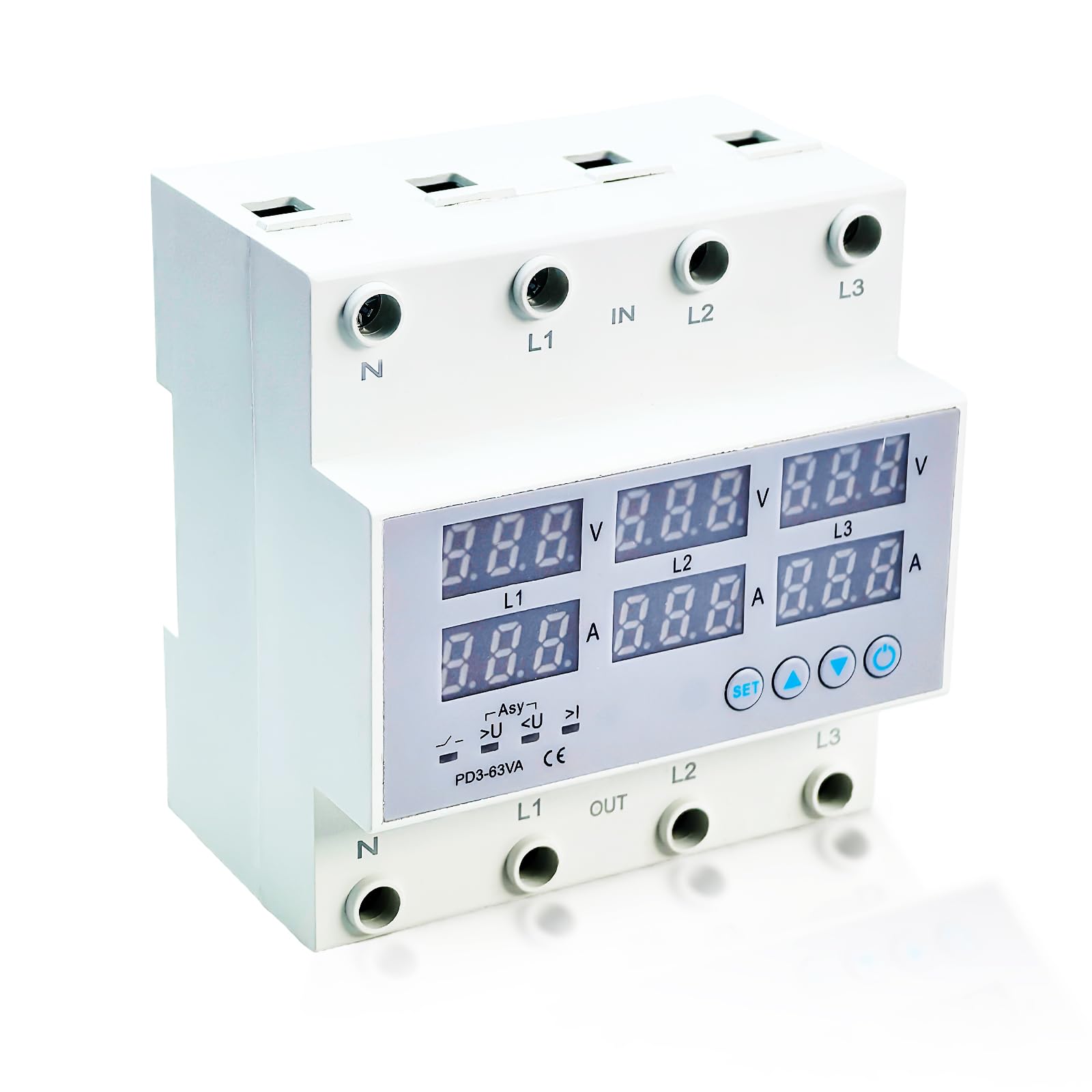 3 Phasen DIN Schienen Voltmeter, Digitales Spannungsüberwachungs Sequenzrelais Stromzähler AC 80-300V 63A, Amperemeter Hutschiene Überspannungs Überstromschutz Automatische Rückstellung Digitalanzeige