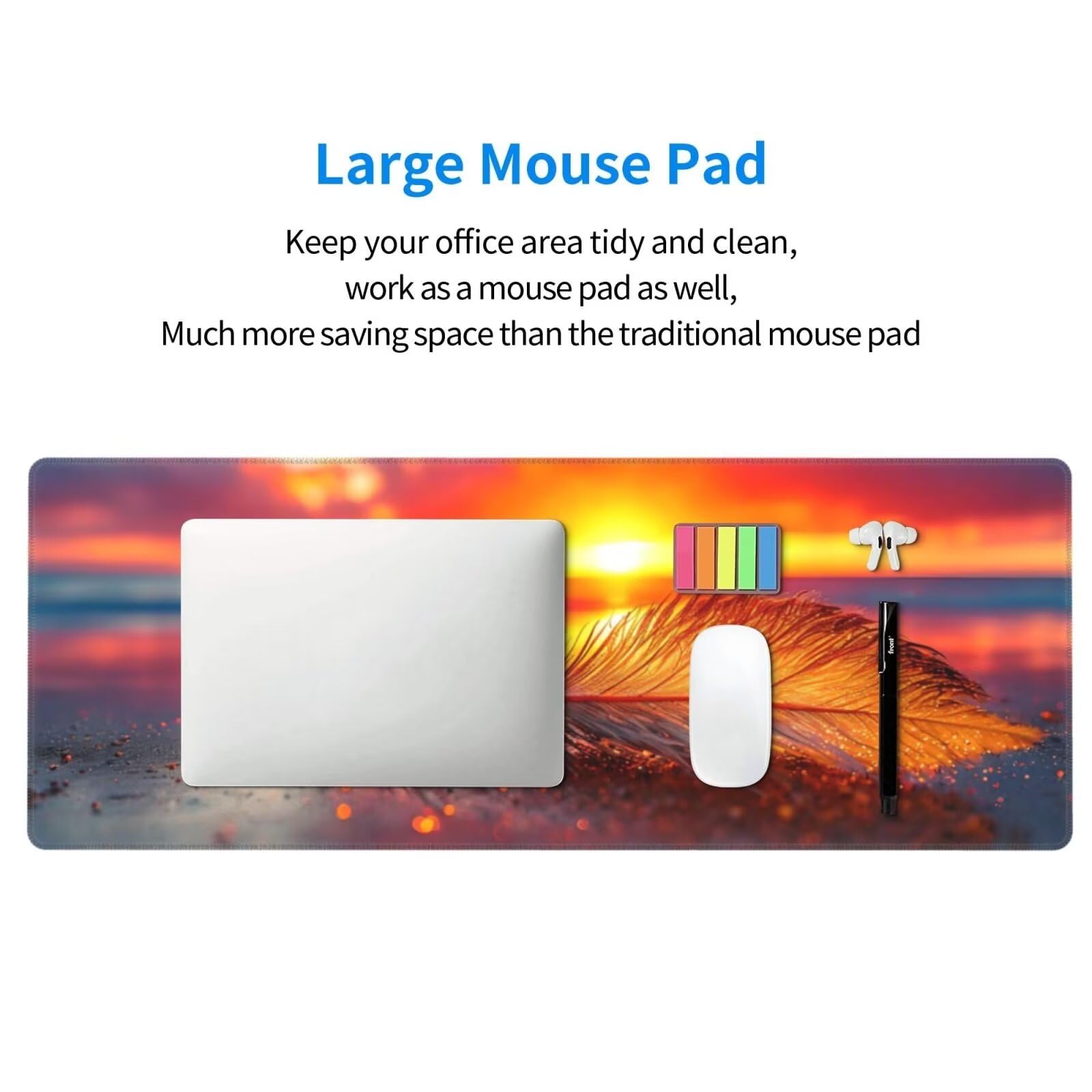 Tappetino Mouse, Tappetino Mouse Gaming Grande XXL 1500x800x3mm Tappetino Scrivania Mouse Pad, Base in Gomma Antiscivolo, Bordi Cuciti,Lavabile, Mousepad per Ufficio e Gaming (Piuma del tramonto) R659