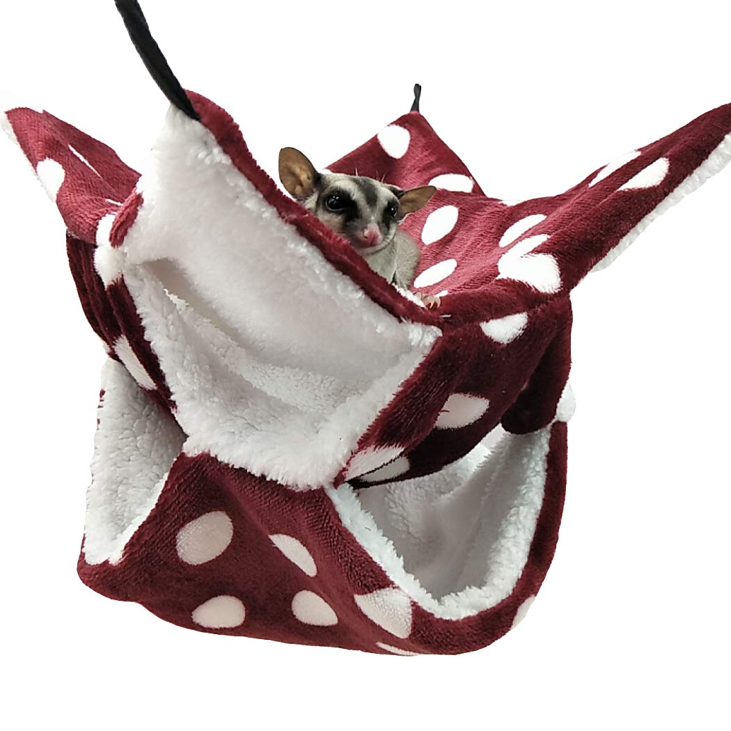 WOWMEOW Hängematte für Kleintierkäfig, warmes Fleece, für Zuckergleiter, Frettchen, Eichhörnchen, S, Burgundy-Dots