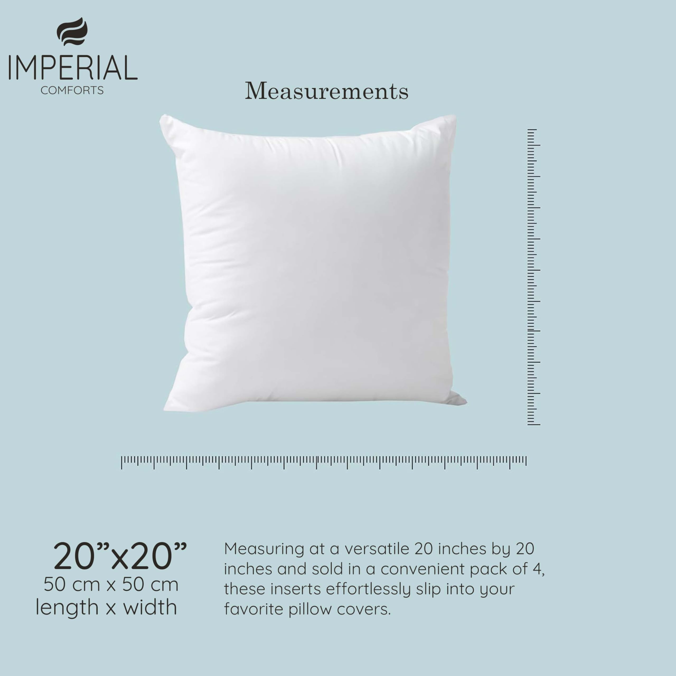 Imperial Comforts® Sofa and Bed Pillow Inserts (4-Pack, White) - 20 x 20 Inches Indoor Cushion Inserts - Decorative and Comfortable Throw Pillow Set (4, 50x50 cm)