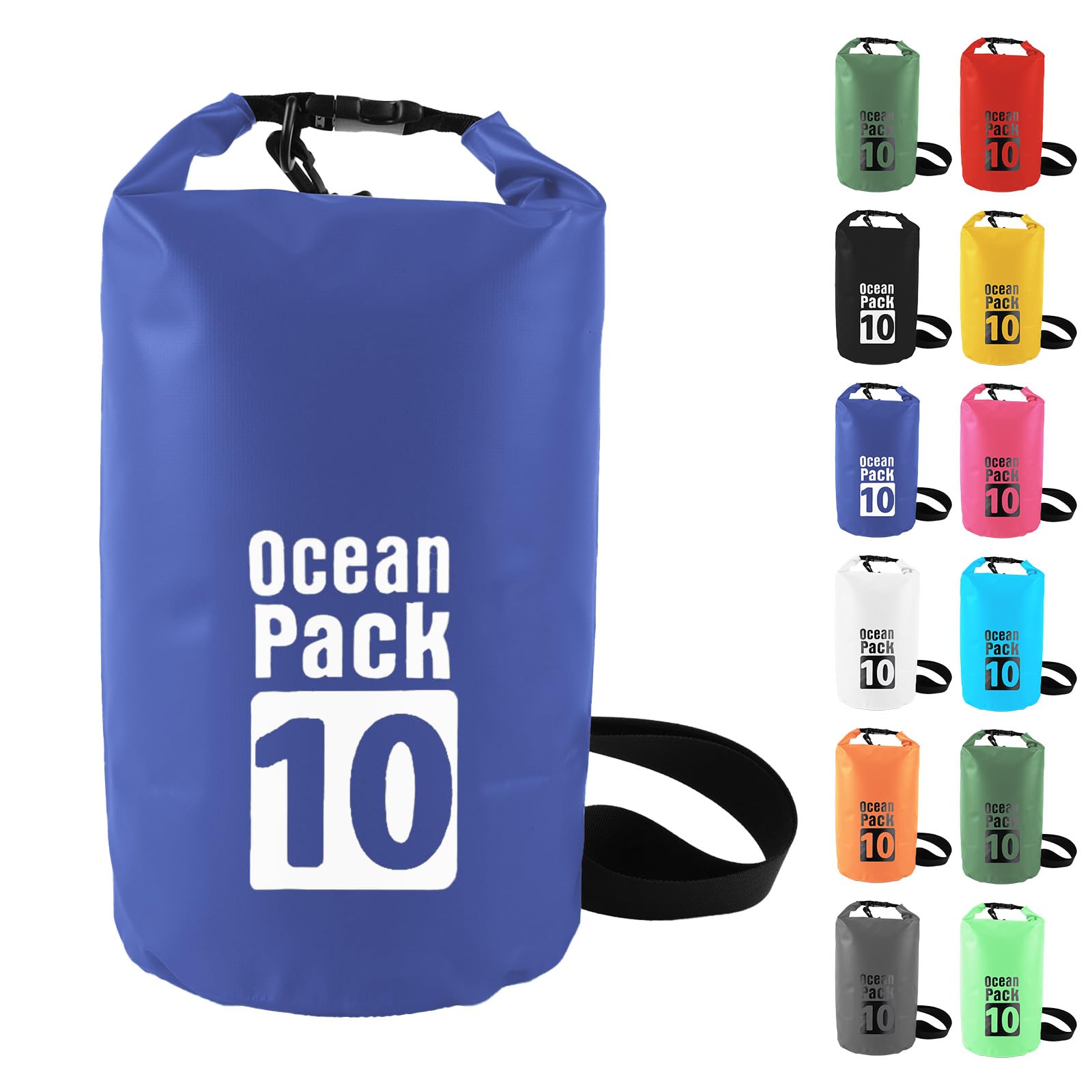 MOMAHUA 10L Waterproof Dry Bag with Single Shoulder Strap - Blue Durable PVC Roll Top Dry Sack - Reusable Gear Protector for Kayaking, Boating, Beach, Swimming, Camping and Outdoor Sports