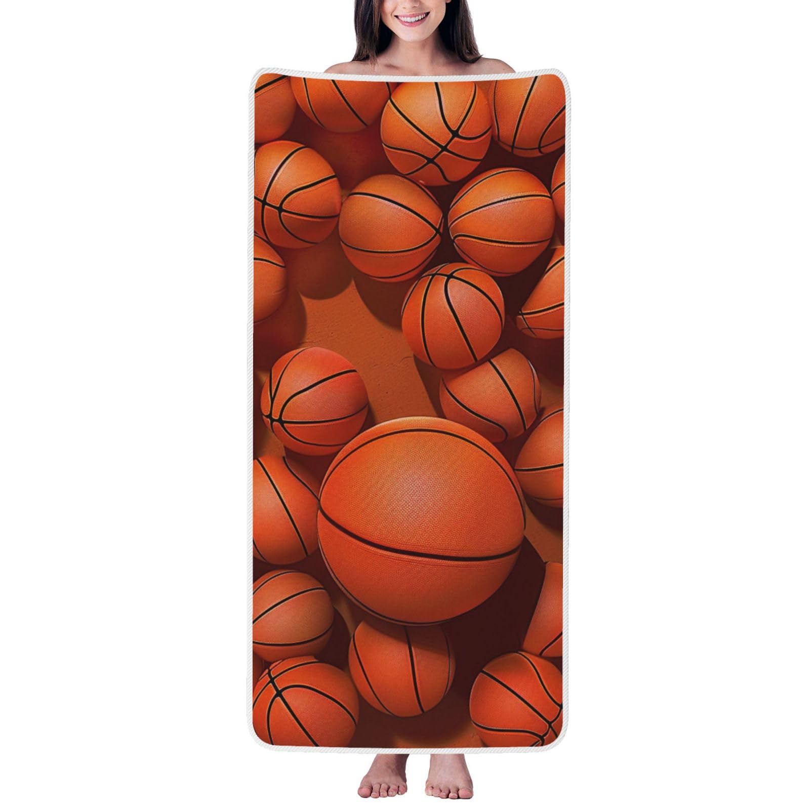 WPKJU Basketball Orange Printed Bath Towel with White Edging - 27x55 in Soft Extra Absorbent Coral Velvet Shower Towels for Bathroom