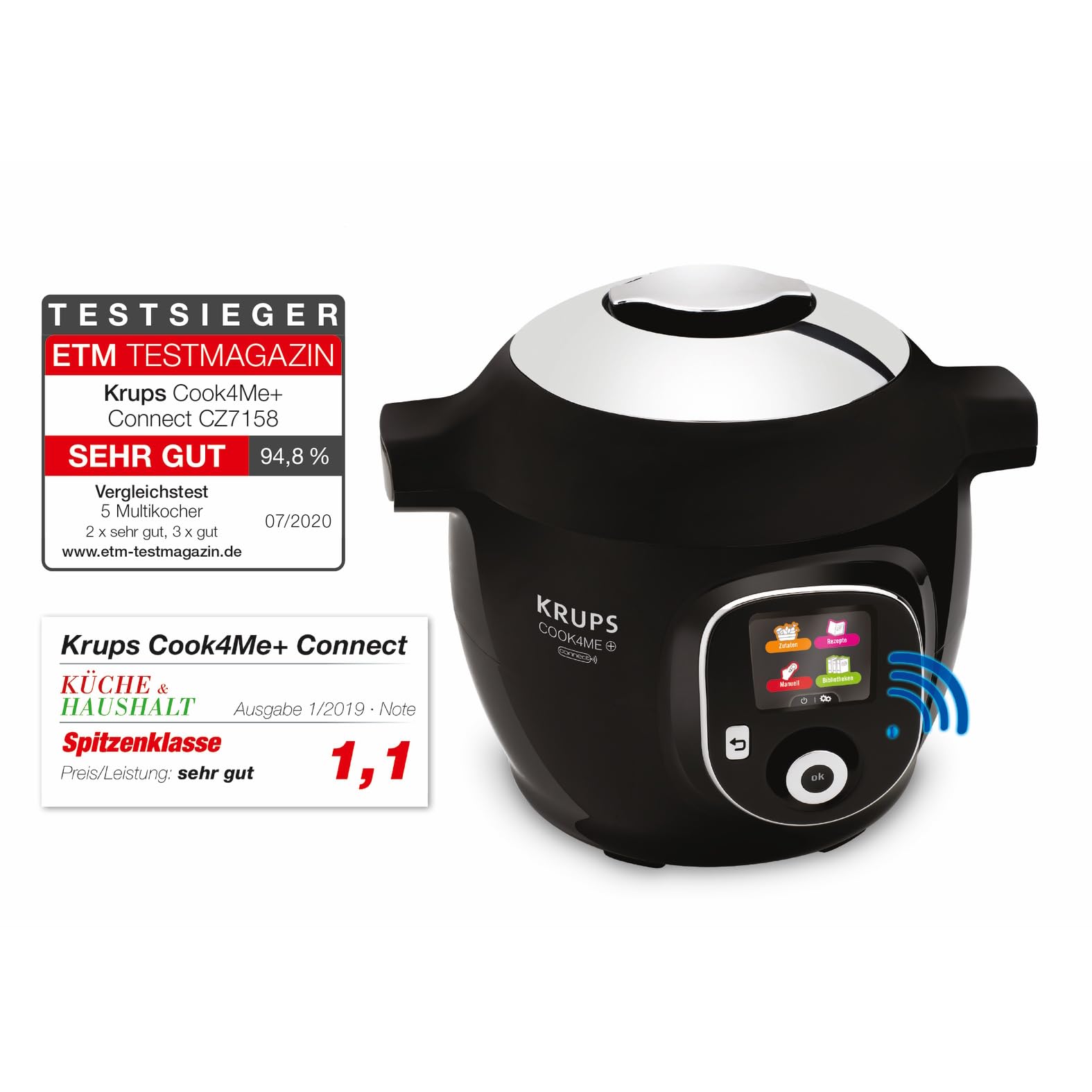 Krups CZ7158 Cook4Me+ Connect Multikocher | 1600 Watt | elektrischer Schnellkochtopf | inkl. kostenlose App | Bluetooth Steuerung | 4 Liter Fassungsvermögen | schwarz/grau