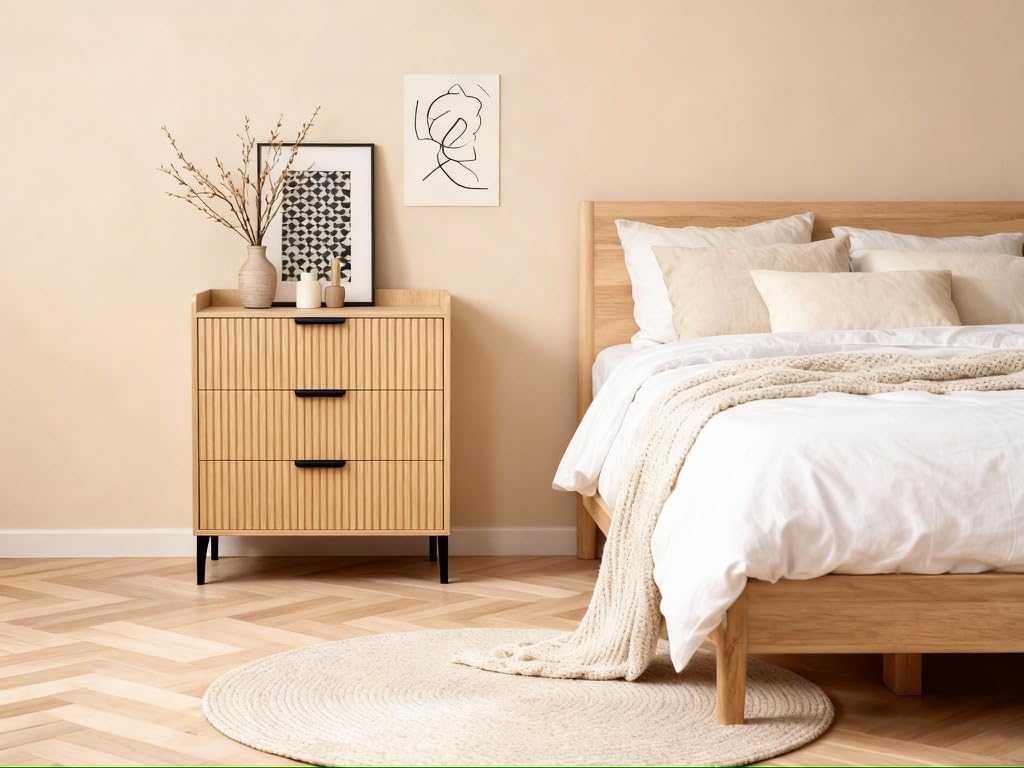 Tall Nightstand with 3 Drawers, 30 Inch Fluted Bedside Table with Full Extension Drawers, Mid-Century Modern Wood End Table for Bedroom Living Room, Natural