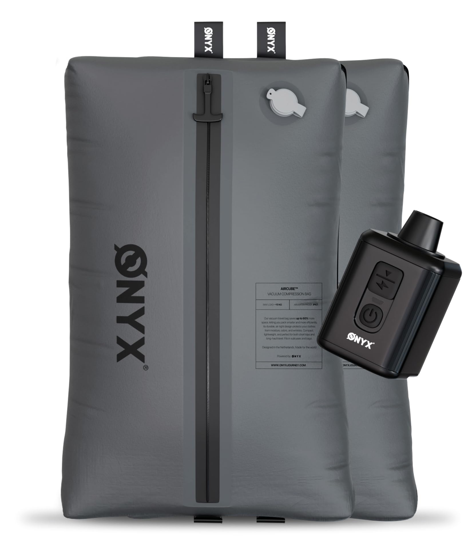 ONYX Aircube™ Vakuum Packing Cubes 2er Set – Inkl. kabelloser Vakuumpumpe – Platzsparender Koffer Organizer & Compression Bags für Kleidung – Vacuum Bags für Reise, Backpack & Handgepäck – Grau