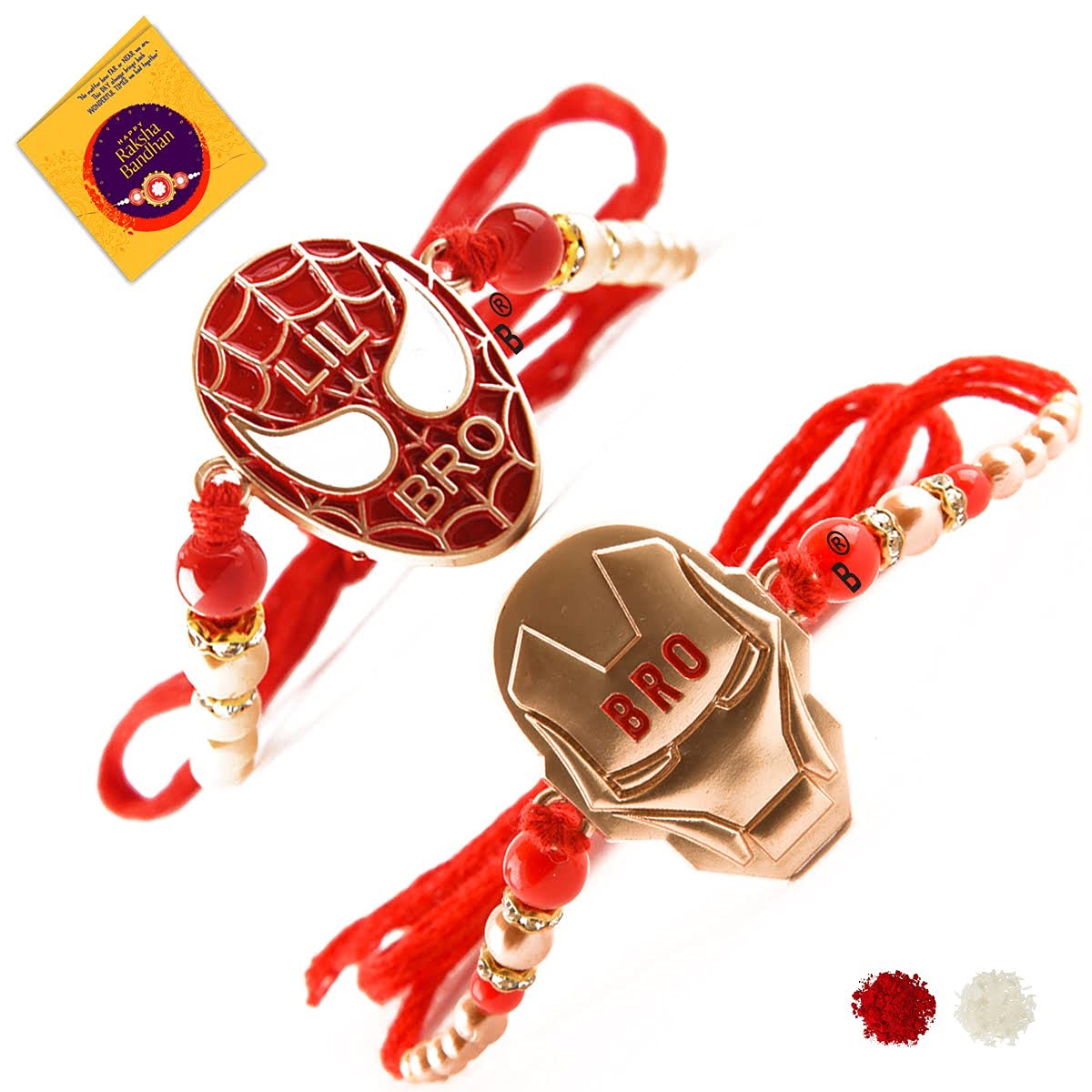 Swastikart -Rakhi For Brother and Kids - (Combo Set of 2) Rose Gold Plated Iron Man and Spider Rakhi with Roli Chawal and Rakhi Greeting Card For TWIN BRO-image-31