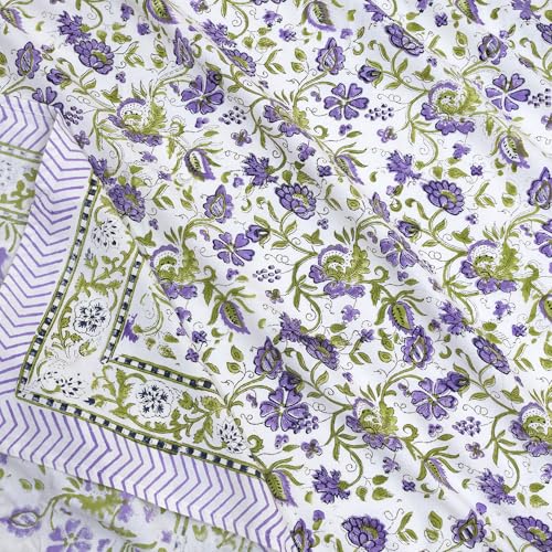 Image of TOAI Hand Block Printed Bedsheet | Bed Spread Flatsheet Bed Sheet | Pure Cotton | Queen Size 90 inchx108 inch | 210 TC Luxury Cotton | 2 Reversible Pillow Covers |Small Lavender Flowers